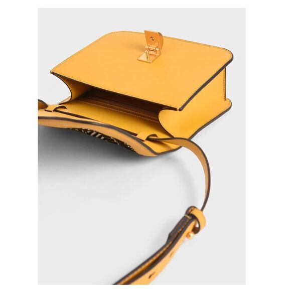 Charles & Keith Faux Leather  Woven Fabric Crossbody Mustard Yellow Small Purse - Picture 3 of 15